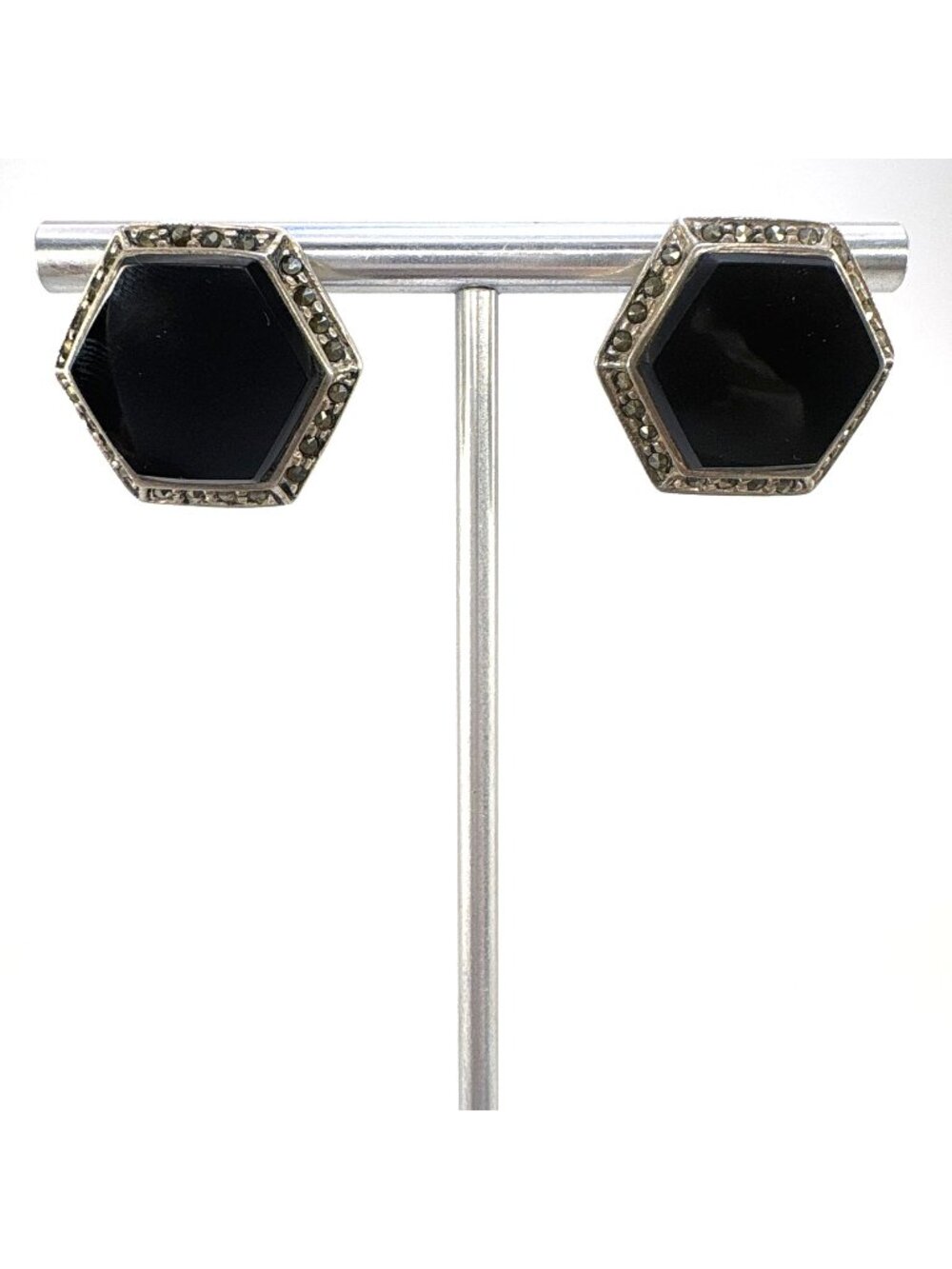 Black Onyx Marcasite Hexagon Earrings Sterling Silver 925 Size 0.75" Length